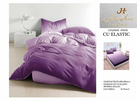 OFERTE SPECIALE - Lenjerie pat dublu cu doua feţe, 4 piese, Bumbac Satinat Superior, cu elastic - Ombre Mov