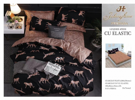 OFERTE SPECIALE - Lenjerie pat dublu cu doua feţe, 4 piese, Bumbac Satinat Superior, cu elastic - Leopard