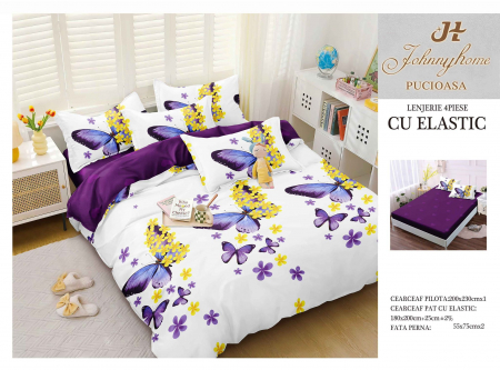 OFERTE SPECIALE - Lenjerie pat dublu cu doua feţe, 4 piese, Bumbac Satinat Superior, cu elastic - Mov cu Fluturi