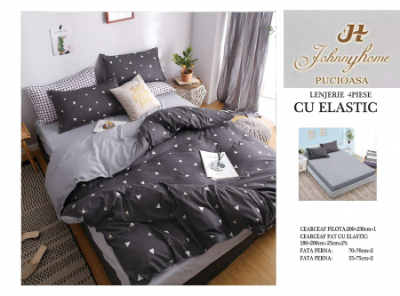 OFERTE SPECIALE - Lenjerie pat dublu cu doua feţe, 4 piese, Bumbac Satinat Superior, cu elastic - Gri Inchis