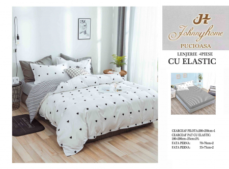 OFERTE SPECIALE - Lenjerie pat dublu cu doua feţe, 4 piese, Bumbac Satinat Superior, cu elastic - Gri / Alb Inimioare