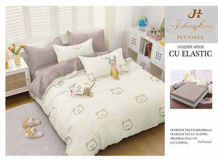 OFERTE SPECIALE - Lenjerie pat dublu cu doua feţe, 4 piese, Bumbac Satinat Superior, cu elastic - Ursulet