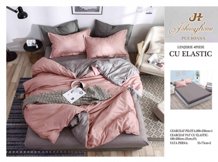 OFERTE SPECIALE - Lenjerie pat dublu cu doua feţe, 4 piese, Bumbac Satinat Superior, cu elastic - Gri / Roz