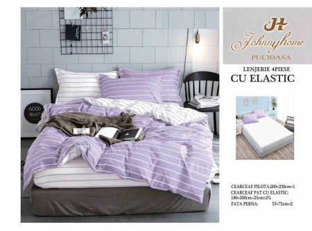 OFERTE SPECIALE - Lenjerie pat dublu cu doua feţe, 4 piese, Bumbac Satinat Superior, cu elastic - Lila / Alb cu inimi