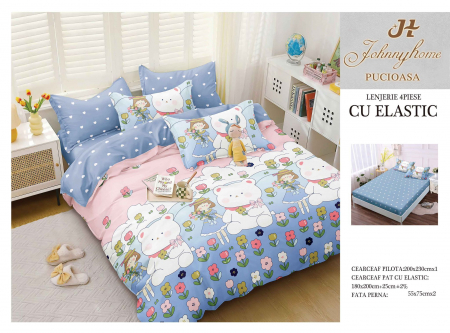 OFERTE SPECIALE - Lenjerie pat dublu cu doua feţe, 4 piese, Bumbac Satinat Superior, cu elastic - Ursulet Albastru