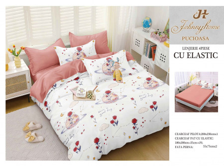 OFERTE SPECIALE - Lenjerie pat dublu cu doua feţe, 4 piese, Bumbac Satinat Superior, cu elastic - Trandafir