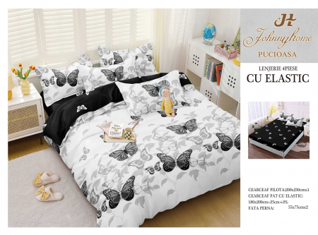 OFERTE SPECIALE - Lenjerie pat dublu cu doua feţe, 4 piese, Bumbac Satinat Superior, cu elastic - Fluturi Negri