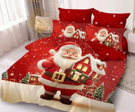 Produse pentru craciun - Lenjerie Pat Dublu din Bumbac Tip Finet, cu Elastic, 6 Piese – Christmas Collection