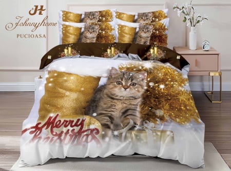 Lenjerie De Pat Dublu Bumbac Tip Finet Model Craciun