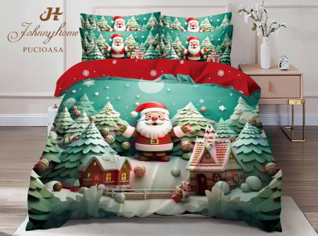 Lenjerie De Pat Dublu Bumbac Tip Finet Model Craciun
