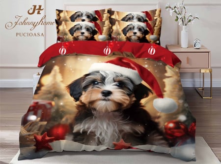 Lenjerie De Pat Dublu Bumbac Tip Finet Model Craciun