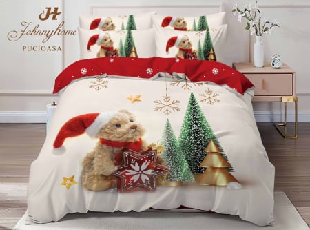 Lenjerie De Pat Dublu Bumbac Tip Finet Model Craciun