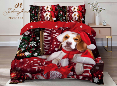 Lenjerie De Pat Dublu Bumbac Tip Finet Model Craciun