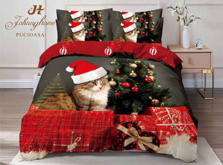 Lenjerie De Pat Dublu Bumbac Tip Finet Model Craciun