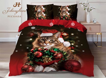 Lenjerie De Pat Dublu Bumbac Tip Finet Model Craciun