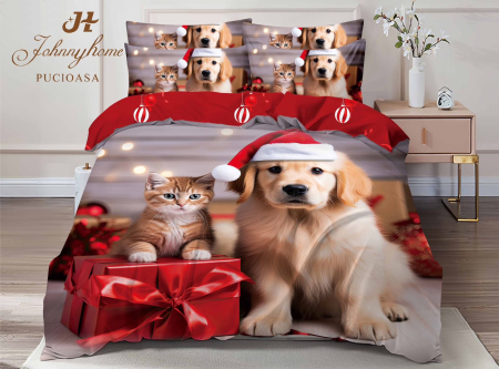 Lenjerie De Pat Dublu Bumbac Tip Finet Model Craciun