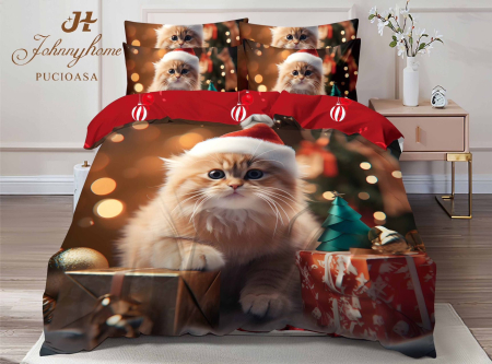 Lenjerie De Pat Dublu Bumbac Tip Finet Model Craciun