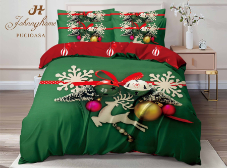 Lenjerie De Pat Dublu Bumbac Tip Finet Model Craciun