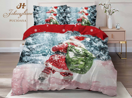 Lenjerie De Pat Dublu Bumbac Tip Finet Model Craciun