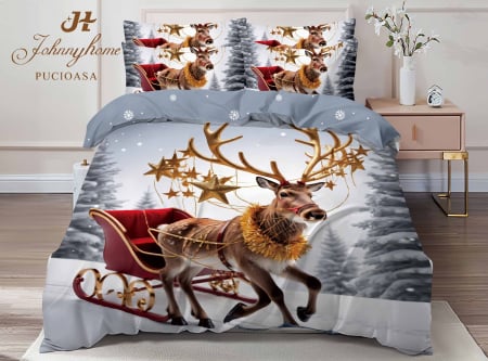 Lenjerie De Pat Dublu Bumbac Tip Finet Model Craciun