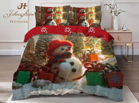 Lenjerie De Pat Dublu Bumbac Tip Finet Model Craciun