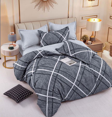 OFERTE SPECIALE - Lenjerie Pat Dublu din Bumbac Tip Finet, cu Elastic, 6 Piese - Grey Rombs