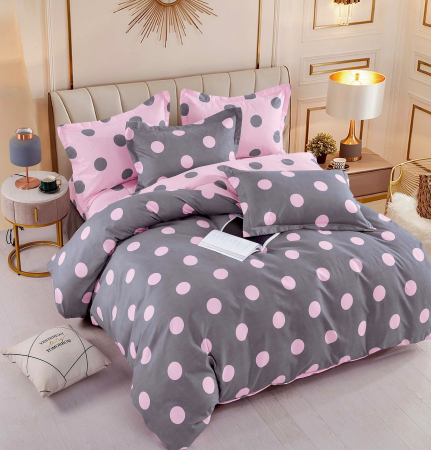 OFERTA DUO: 2 Lenjerii cu elastic bumbac Finet  1+1: la 209 lei - Lenjerie Pat Dublu din Bumbac Tip Finet, cu Elastic, 6 Piese - Gri/Roz Cu Buline