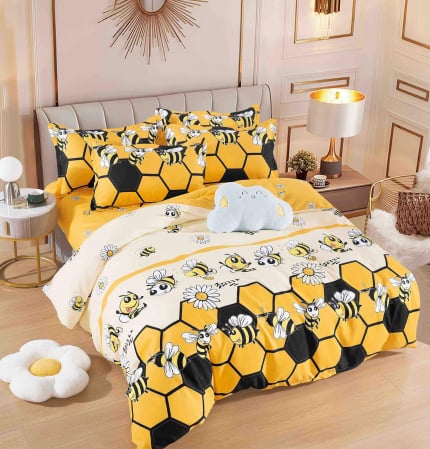 OFERTE SPECIALE - Lenjerie Pat Dublu din Bumbac Tip Finet, cu Elastic, 6 Piese - Albinuțe