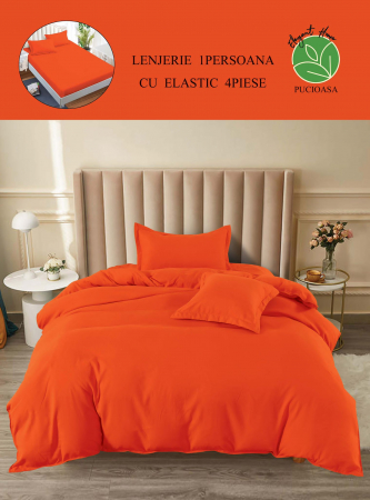 OFERTE SPECIALE - Lenjerie pat single, BUMBAC FINET, 4 piese, cu ELASTIC - Uni Portocaliu