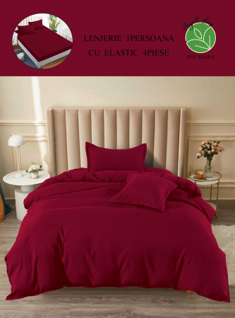OFERTE SPECIALE - Lenjerie pat single, BUMBAC FINET, 4 piese, cu ELASTIC - Uni Grena