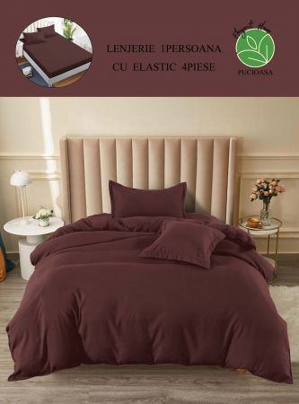 OFERTE SPECIALE - Lenjerie pat single, BUMBAC FINET, 4 piese, cu ELASTIC - Uni Maro