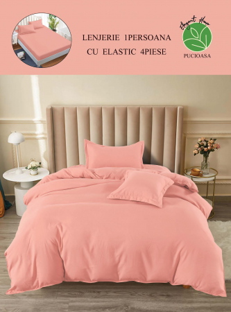 OFERTE SPECIALE - Lenjerie pat single, BUMBAC FINET, 4 piese, cu ELASTIC - Uni Roz