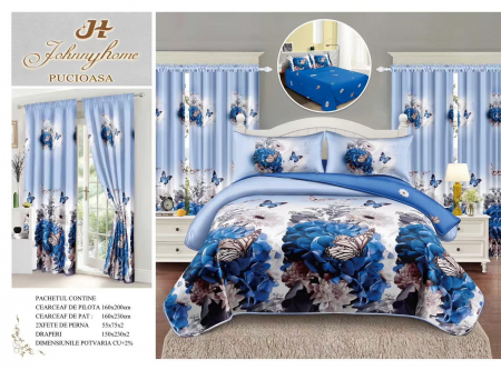 Lenjerii de Pat 1 Persoană | Cu Elastic - Lenjerie Pat Single, FINET, 6 piese, cu 2 DRAPERII INCLUSE - Fluturi & Zambile