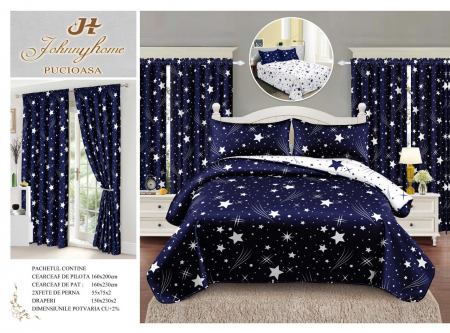 Lenjerii de Pat 1 Persoană | Cu Elastic - Lenjerie Pat Single, FINET, 6 piese, cu 2 DRAPERII INCLUSE - Stelute