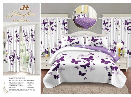 Lenjerii de Pat 1 Persoană | Cu Elastic - Lenjerie Pat Single, FINET, 6 piese, cu 2 DRAPERII INCLUSE - Fluturi Mov