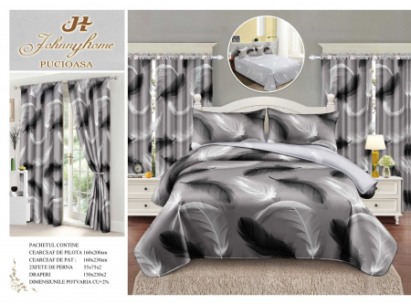 Lenjerii de Pat 1 Persoană | Cu Elastic - Lenjerie Pat Single, FINET, 6 piese, cu 2 DRAPERII INCLUSE - Pene Gri