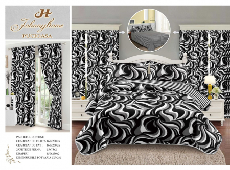 Lenjerii de Pat 1 Persoană | Cu Elastic - Lenjerie Pat Single, FINET, 6 piese, cu 2 DRAPERII INCLUSE - Black & White