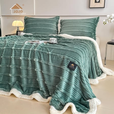 Paturi Cocolino Cu Blanita - Pătură Cocolino Groasă cu Blăniță Premium 200x230cm + 2 Fețe de Pernă 50x70cm, Verde