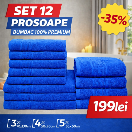 Set 12 Prosoape Maini/Fata/Corp, Bumbac 100%, 550g/m² - Albastru Inchis