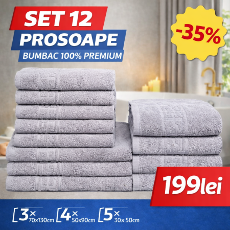Set 12 Prosoape Maini/Fata/Corp, Bumbac 100%, 550g/m² - Gri