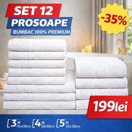 Set 12 Prosoape Maini/Fata/Corp, Bumbac 100%, 550g/m² - Alb