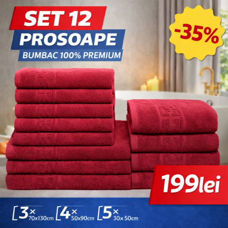 Set 12 Prosoape Maini/Fata/Corp, Bumbac 100%, 550g/m² - Rosu