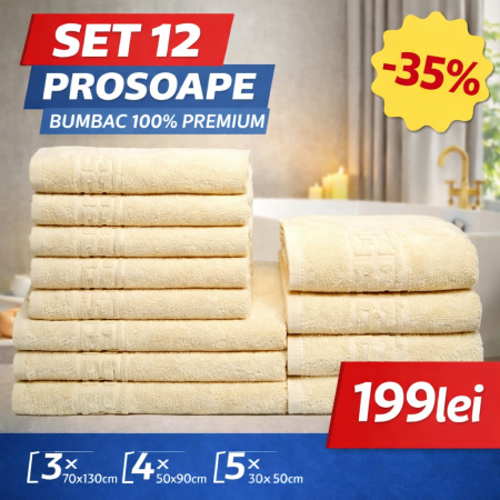 Set 12 Prosoape Maini/Fata/Corp, Bumbac 100%, 550g/m² - Crem