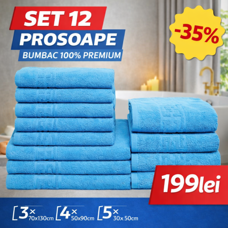Set 12 Prosoape Maini/Fata/Corp, Bumbac 100%, 550g/m² - Turcoaz