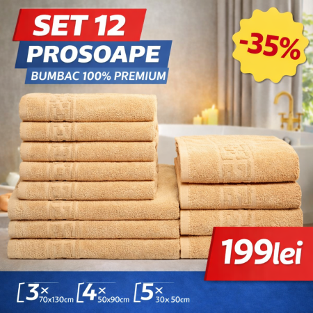 Set 12 Prosoape Maini/Fata/Corp, Bumbac 100%, 550g/m² - Bej