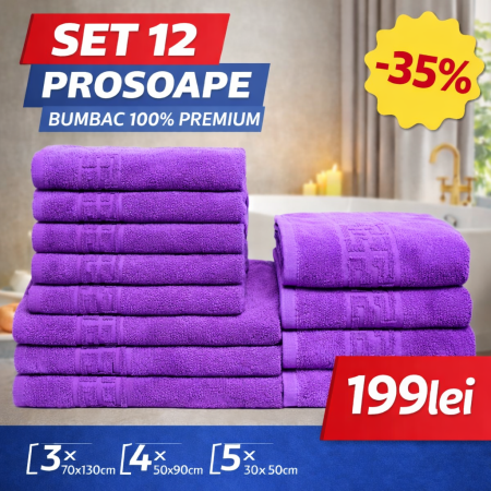Set 12 Prosoape Maini/Fata/Corp, Bumbac 100%, 550g/m² - Mov