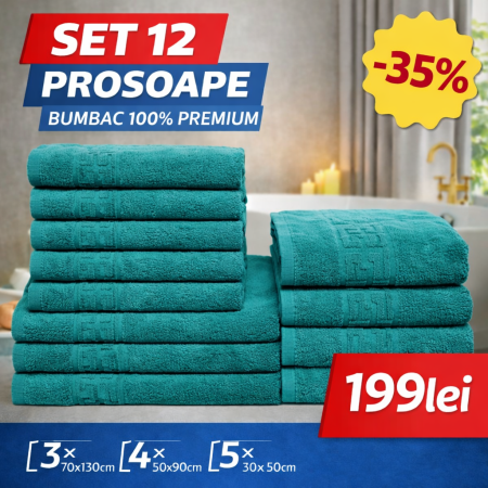 Set 12 Prosoape Maini/Fata/Corp, Bumbac 100%, 550g/m² - Verde Inchis
