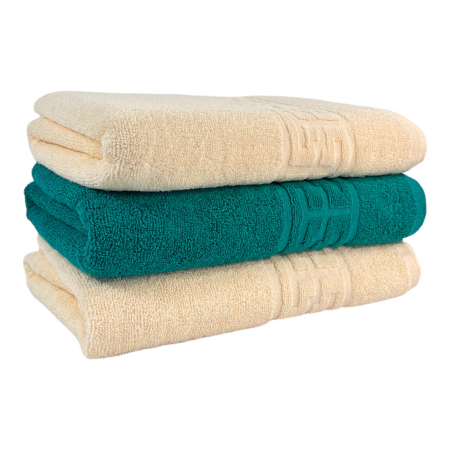 Seturi Cu 3 Prosoape 100% Bumbac - Set 3 Prosoape Baie, Bumbac 100% - Crem / Verde