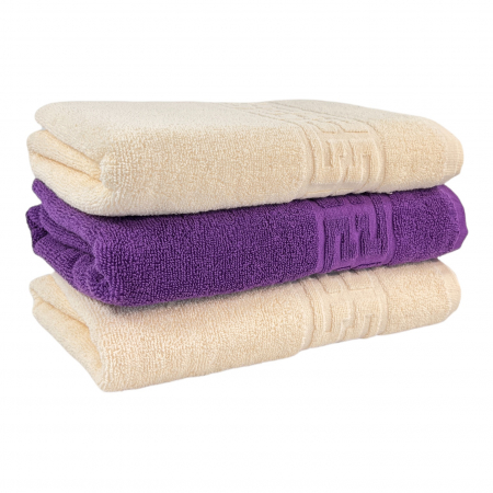 Seturi Cu 3 Prosoape 100% Bumbac - Set 3 Prosoape Baie, Bumbac 100% - Crem / Mov