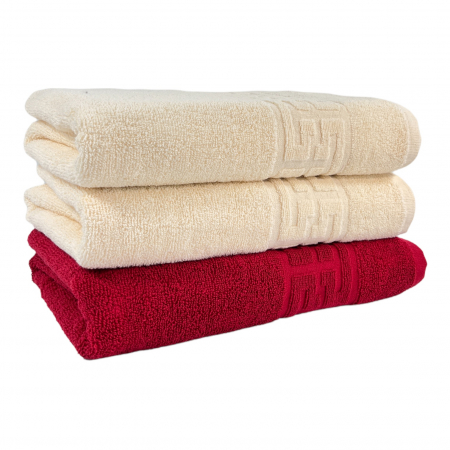 Seturi Cu 3 Prosoape 100% Bumbac - Set 3 Prosoape Baie, Bumbac 100% - Crem / Rosu